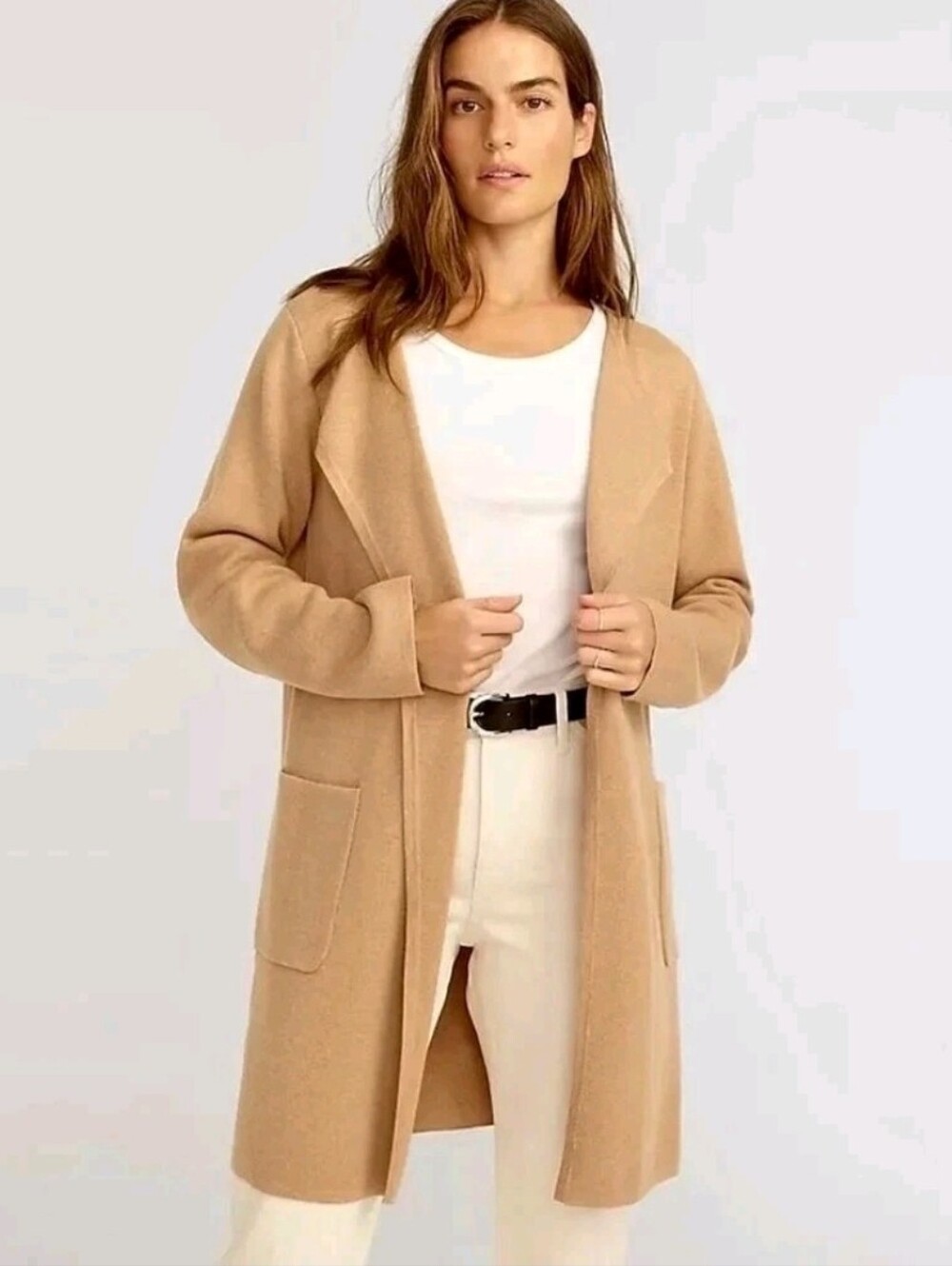 J. CREW Juliette Collarless Sweater Blazer Solid Tan Brown Longline Knit XS